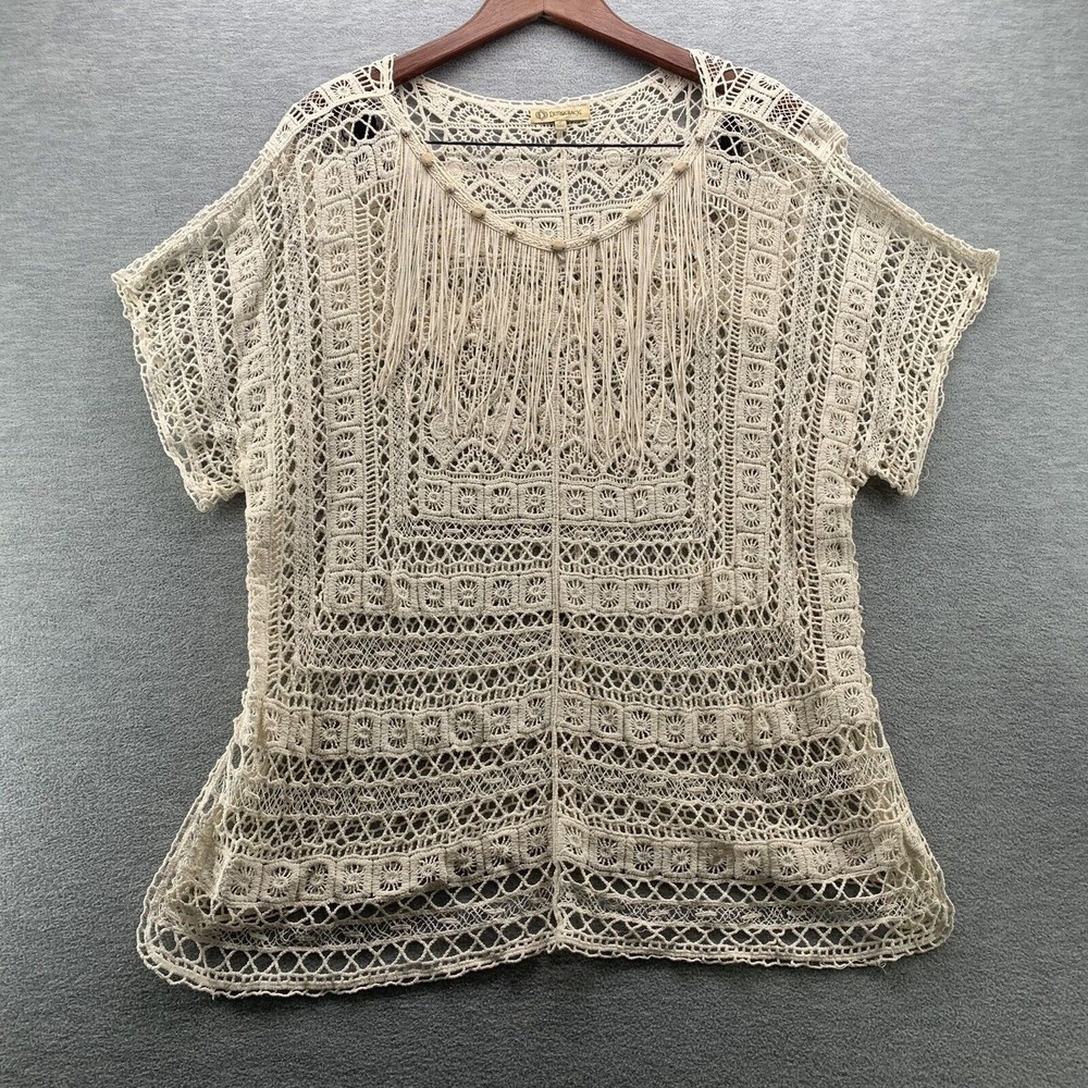 Democracy Women Beige Crochet with Fringe Top Size Large